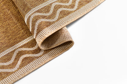 Natural beige jute rug with white wavy stripe pattern, textured weave and rolled edge.