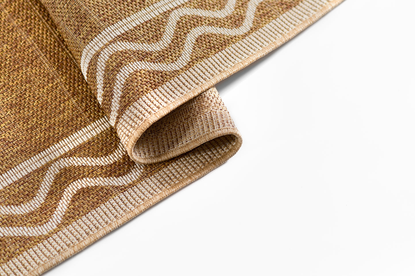 Natural beige woven rug with white wavy stripes, rolled edge, rustic home decor.