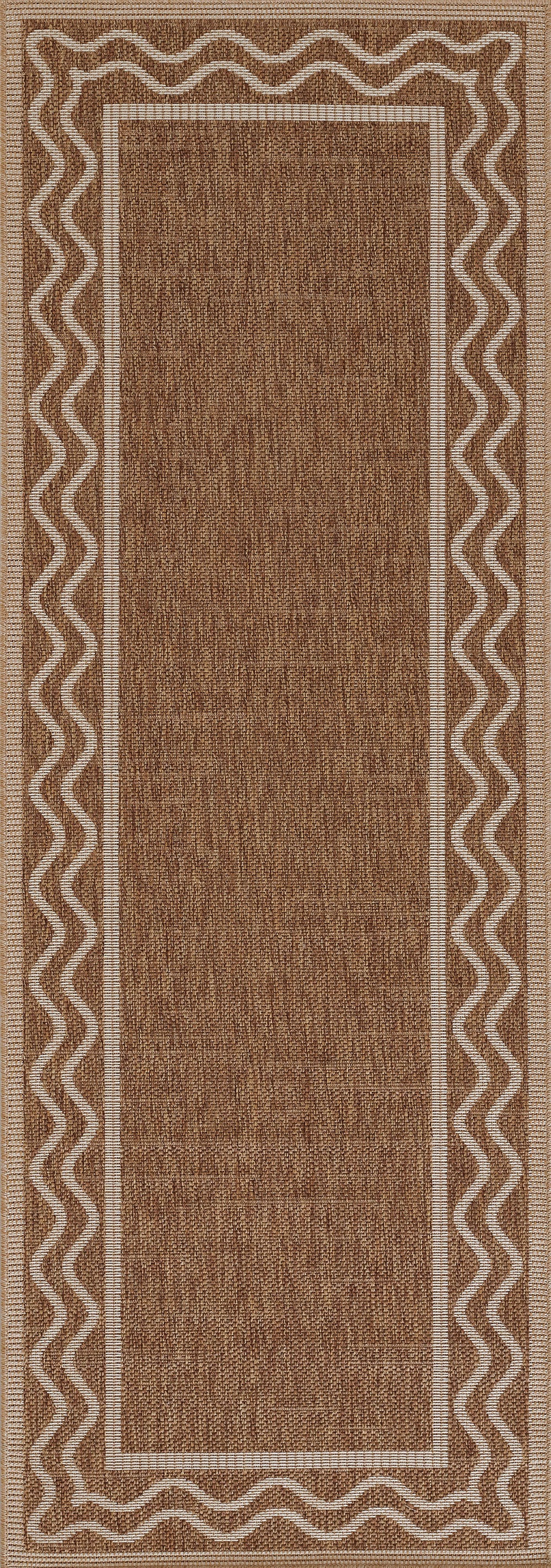 Natural brown jute rug with a beige double frame and a wavy border pattern.