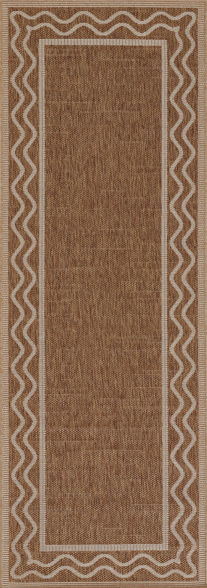 Natural brown woven runner rug with a beige wavy border and inner rectangular frame.