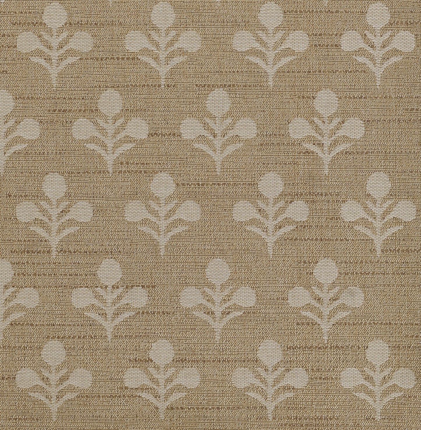 Beige textured woven rug with an ivory damask floral motif repeating in a grid.