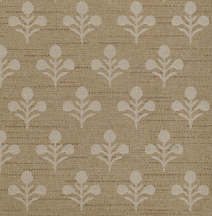 Beige textured woven rug with an ivory damask floral motif repeating in a grid.