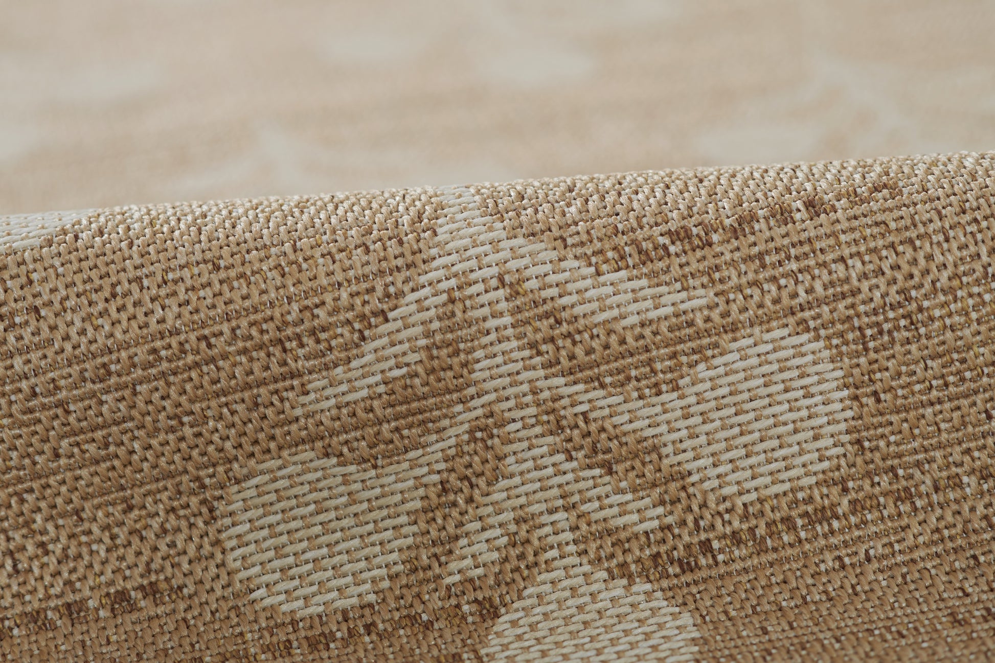 Close-up of beige woven rug fabric with a subtle geometric leaf motif and textured surface.