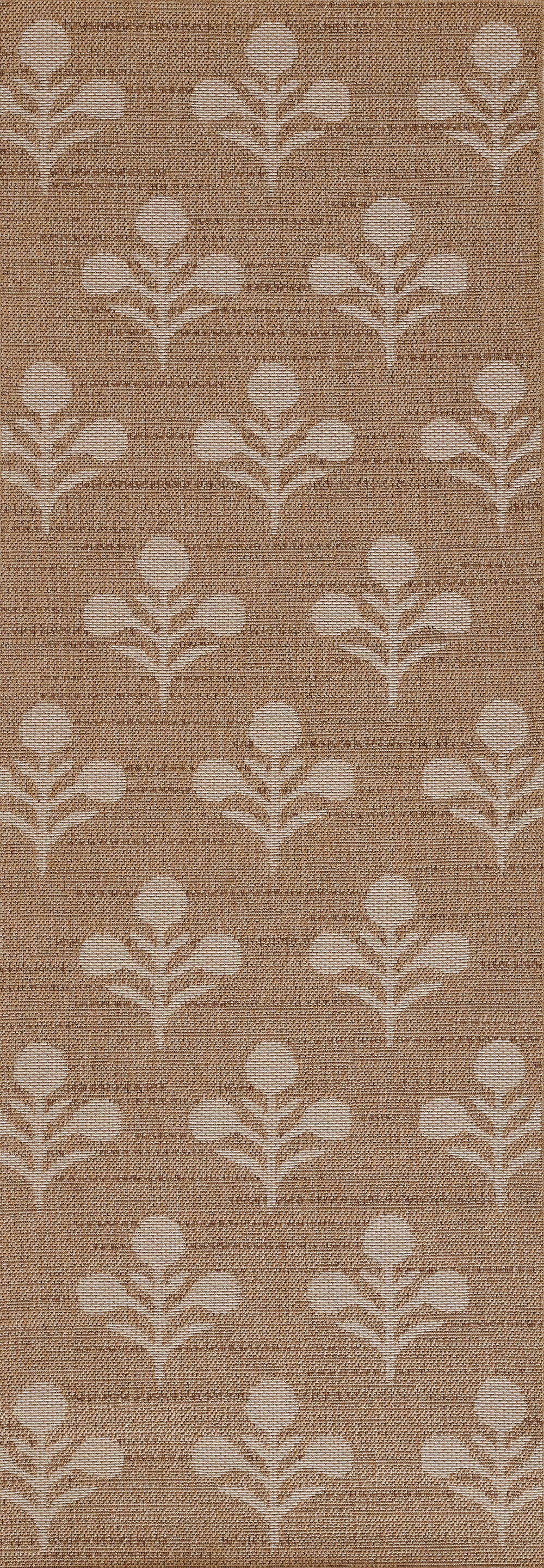 Beige rug with a repeating off-white floral sprig pattern; rustic, farmhouse-style.