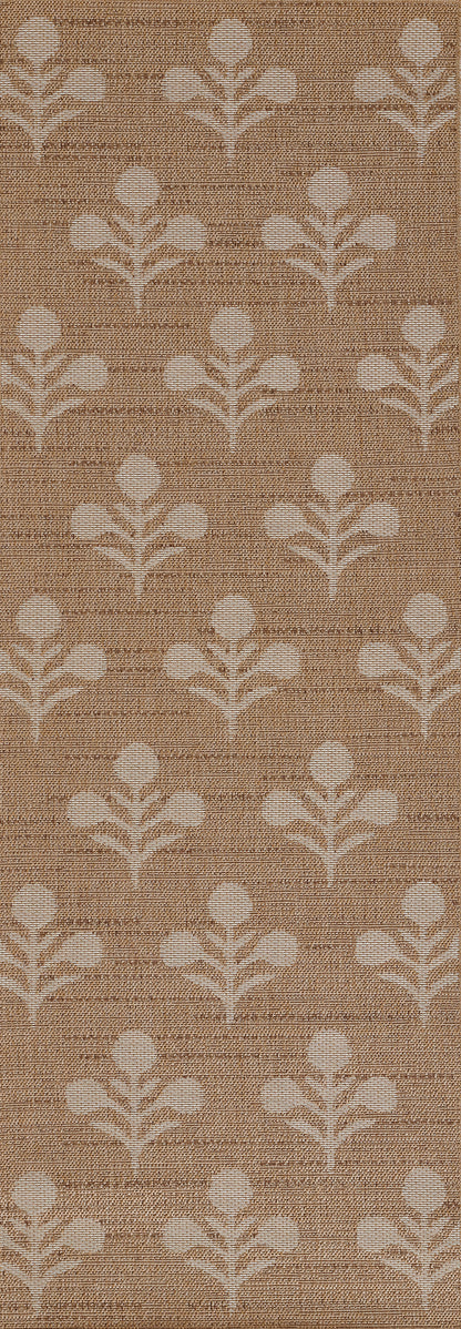 Beige burlap texture with repeating white stylized floral motifs.