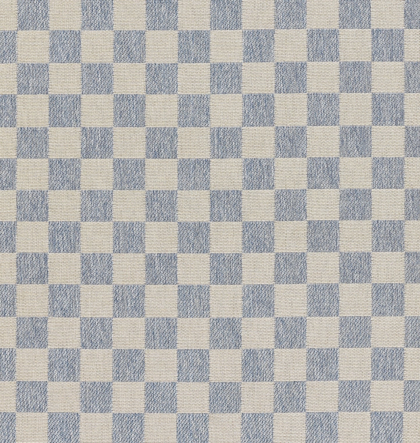 Blue and white checkerboard rug; woven textile with square grid, 4' x 6'.