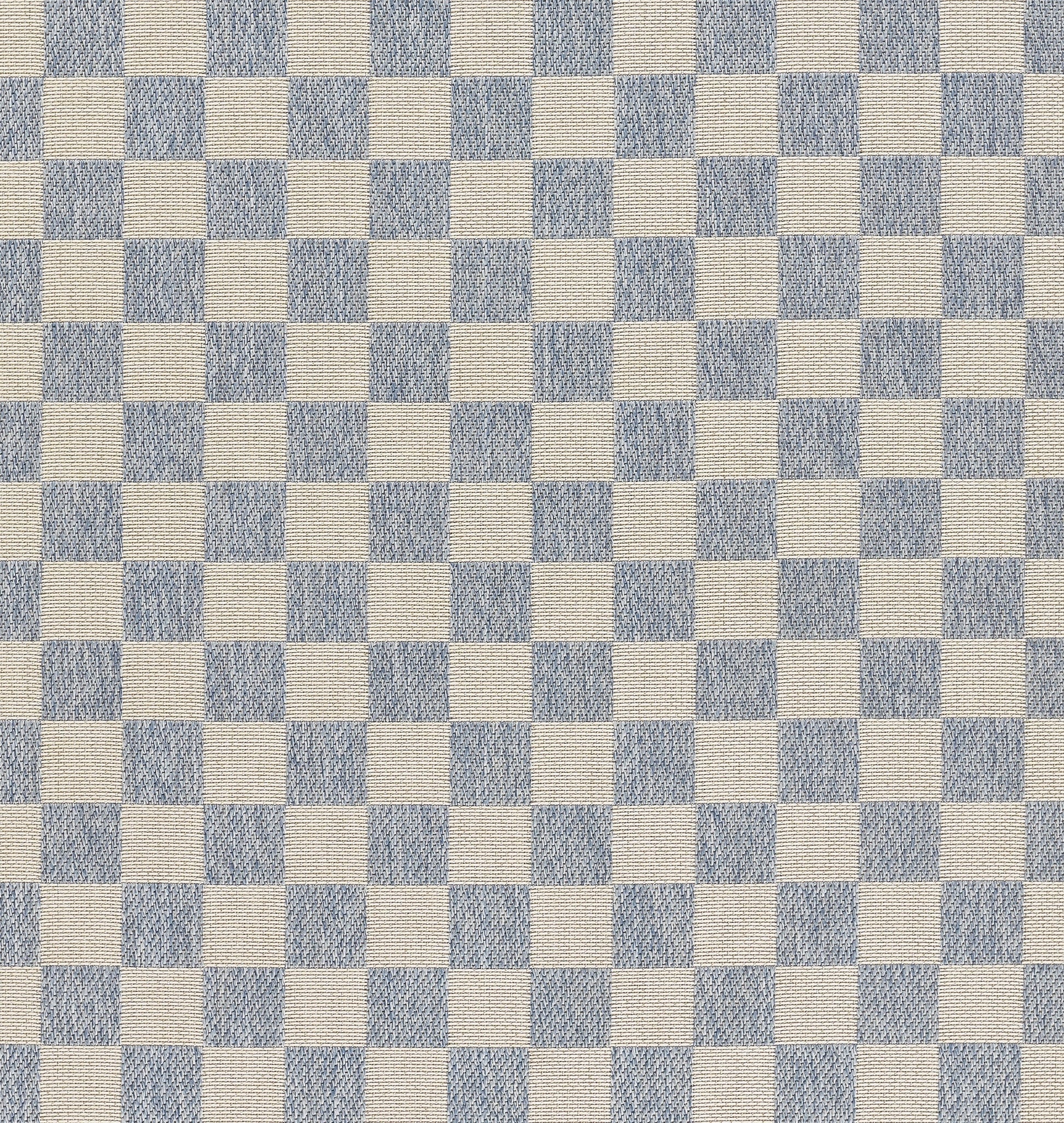 Blue and cream woven checkerboard rug with repeating square pattern; textile texture.