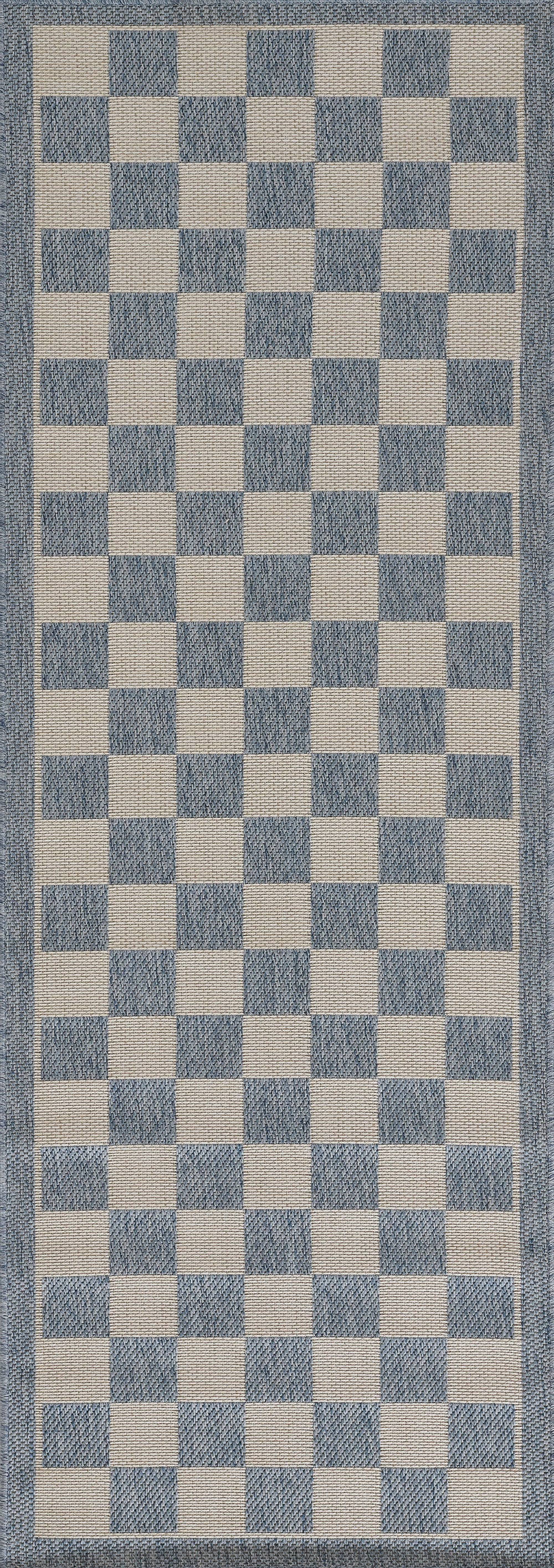 Blue and beige checkerboard area rug with a denim-blue textured border, 8' x 10'.