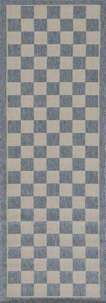 Blue and cream checkerboard runner rug with a blue border.