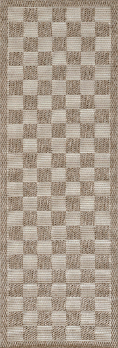 Long beige-tan checkerboard rug runner with a textured woven border.