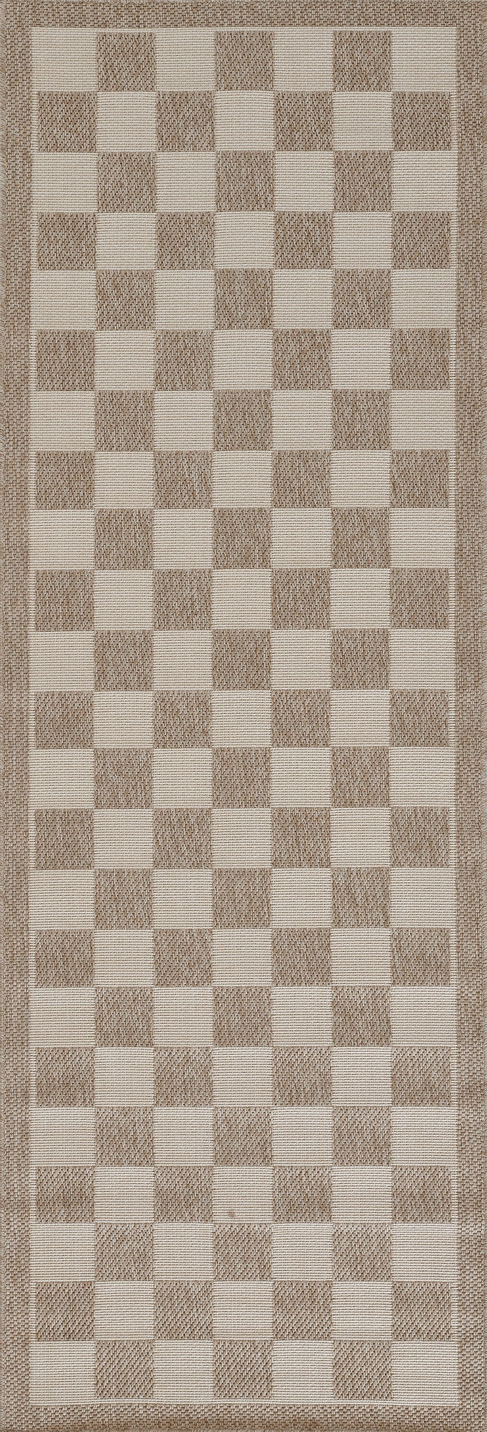 Long beige checkerboard rug with ivory and tan squares and a woven textured border.