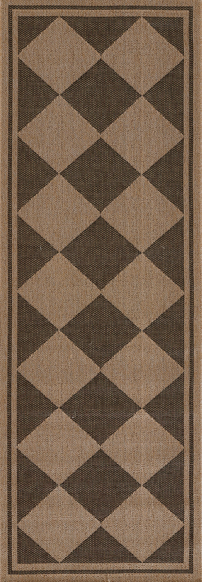 Rectangular rug runner in beige and dark brown diamond-checkered pattern with a double border.