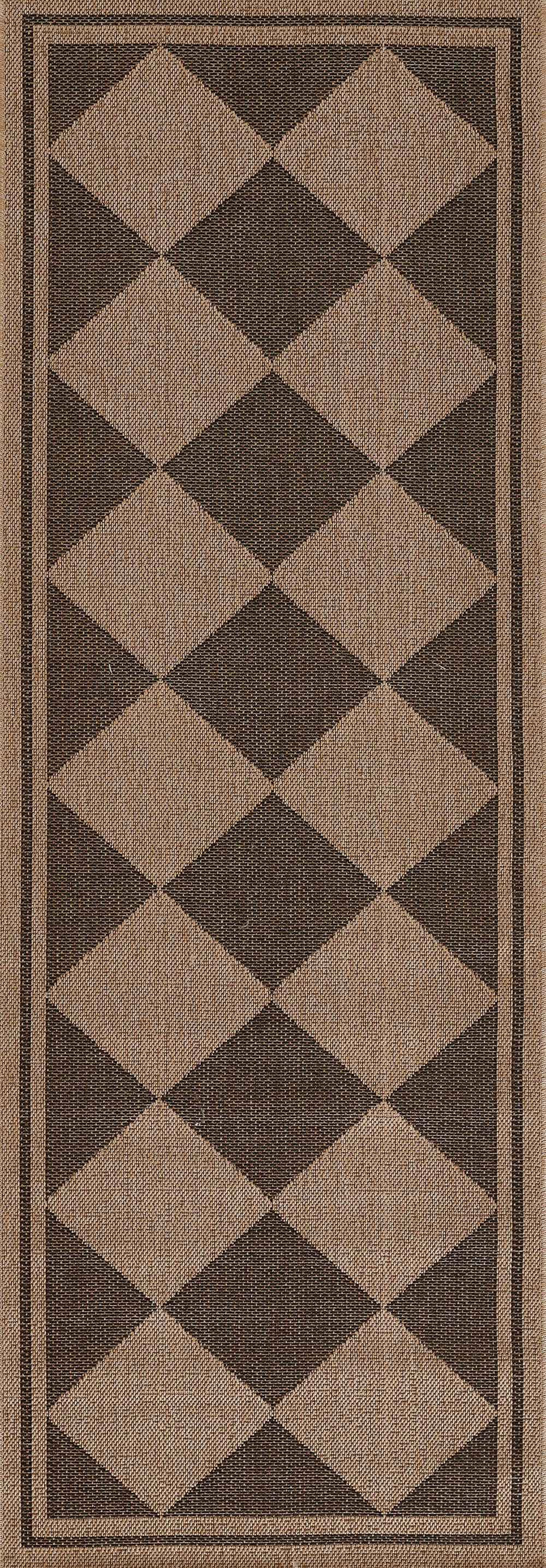 Rectangular rug with beige and dark brown diagonal diamonds and a double border.