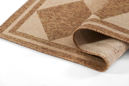 Natural beige-brown geometric woven runner rug (2' x 8') with triangular patterns and a folded corner.