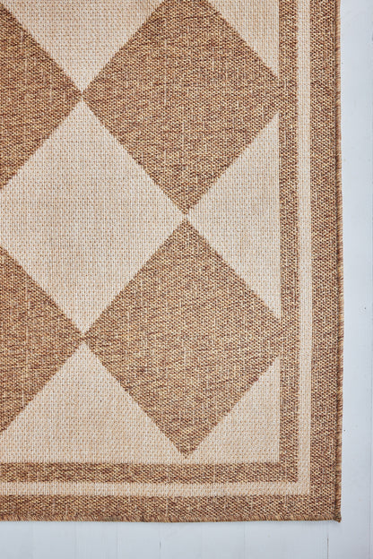 Natural beige runner rug with brown diamond lattice pattern, woven texture, and double border.