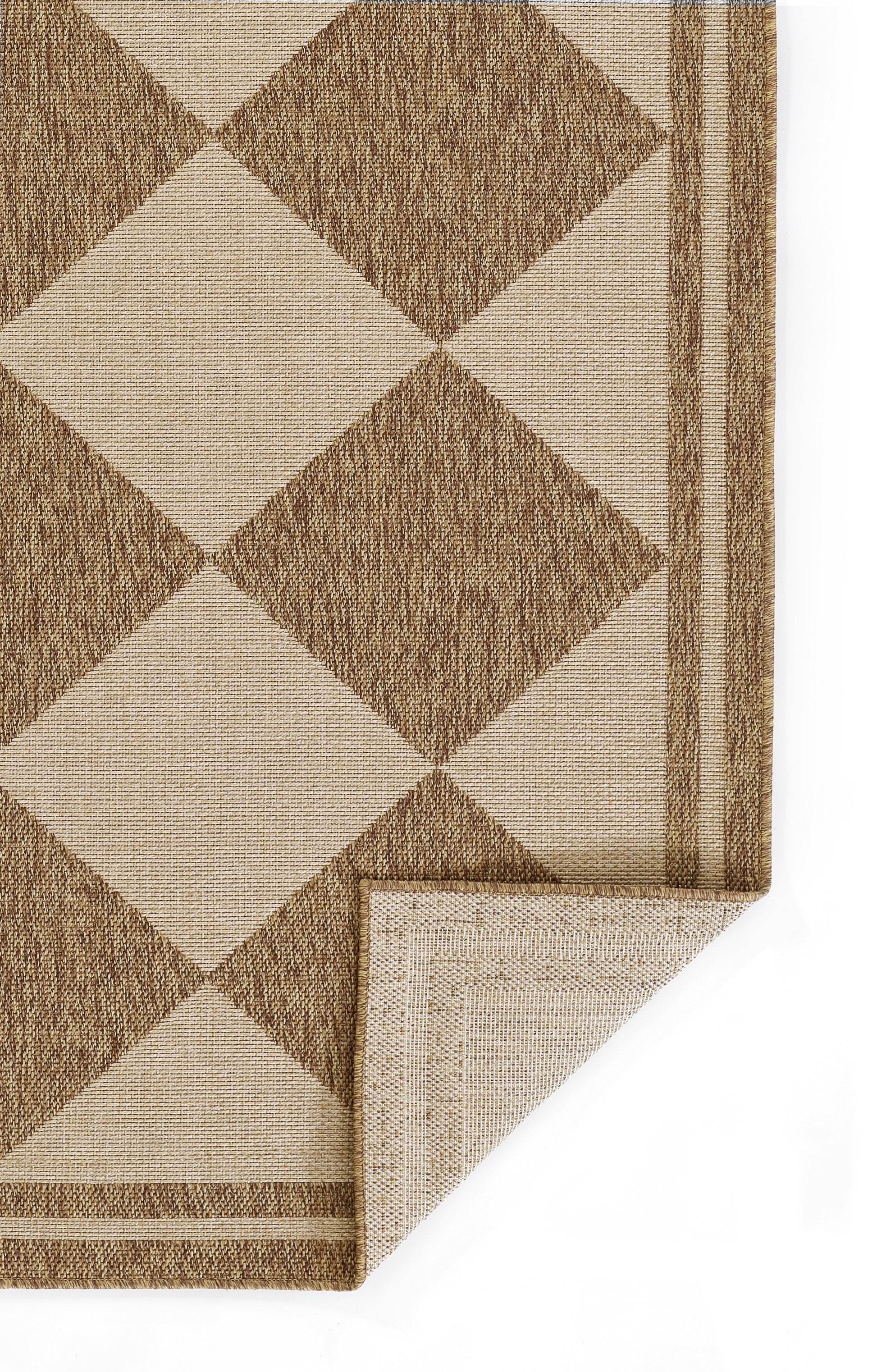 Beige & brown diamond-pattern rug with woven texture & striped border; folded corner view.