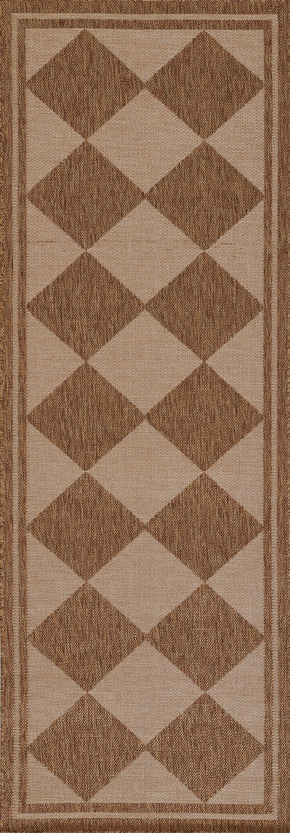 Natural fiber rug with a brown diamond pattern on tan, framed by double brown borders.