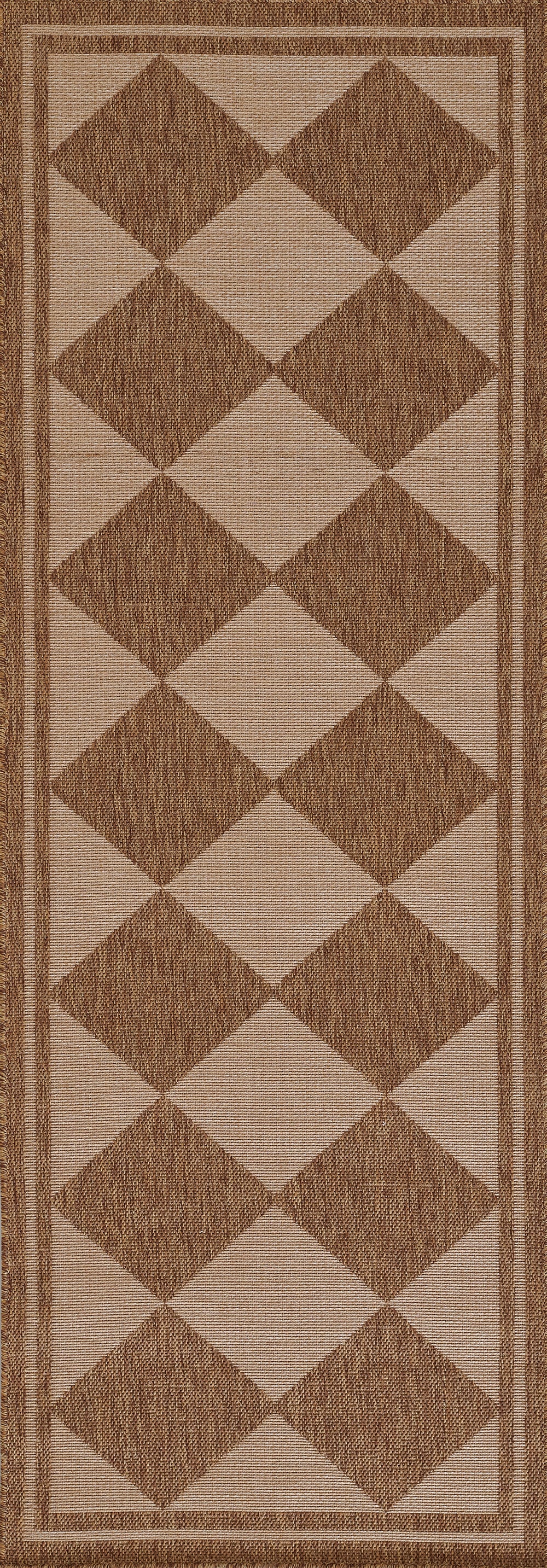 Large rectangular woven rug in natural beige and brown with a diamond pattern and double borders, 9' x 12'.