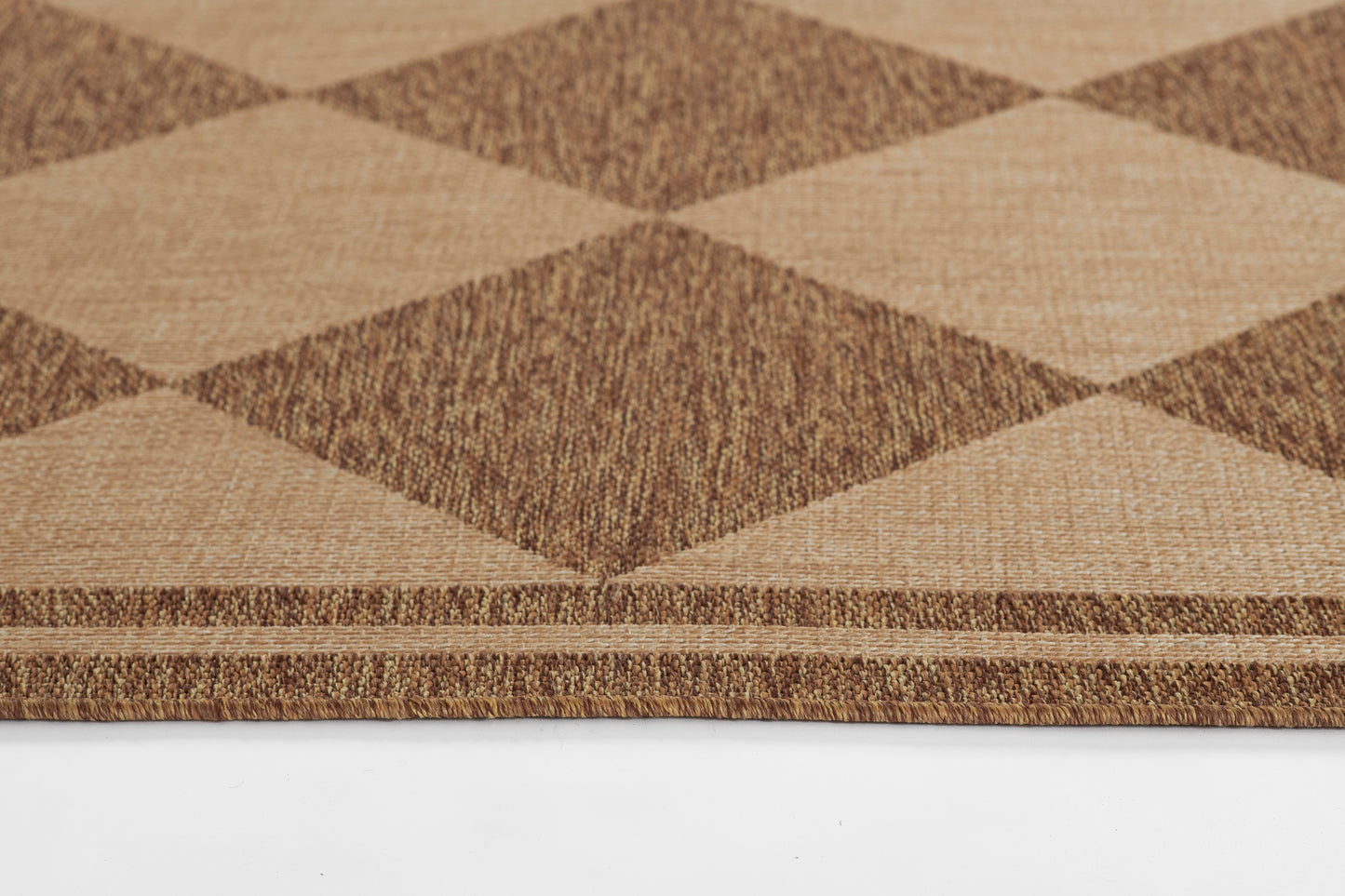 Natural beige and brown diamond-pattern rug with a textured border, rustic entryway mat.
