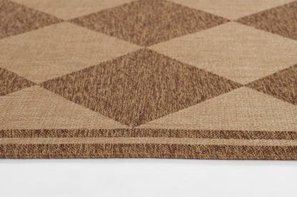 Natural fiber rug in tan and brown diamond pattern, flat-weave with rustic sisal look, ideal for entryway or living space.