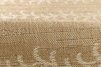 Beige jacquard rug with a subtle damask pattern; warm, textured weave.