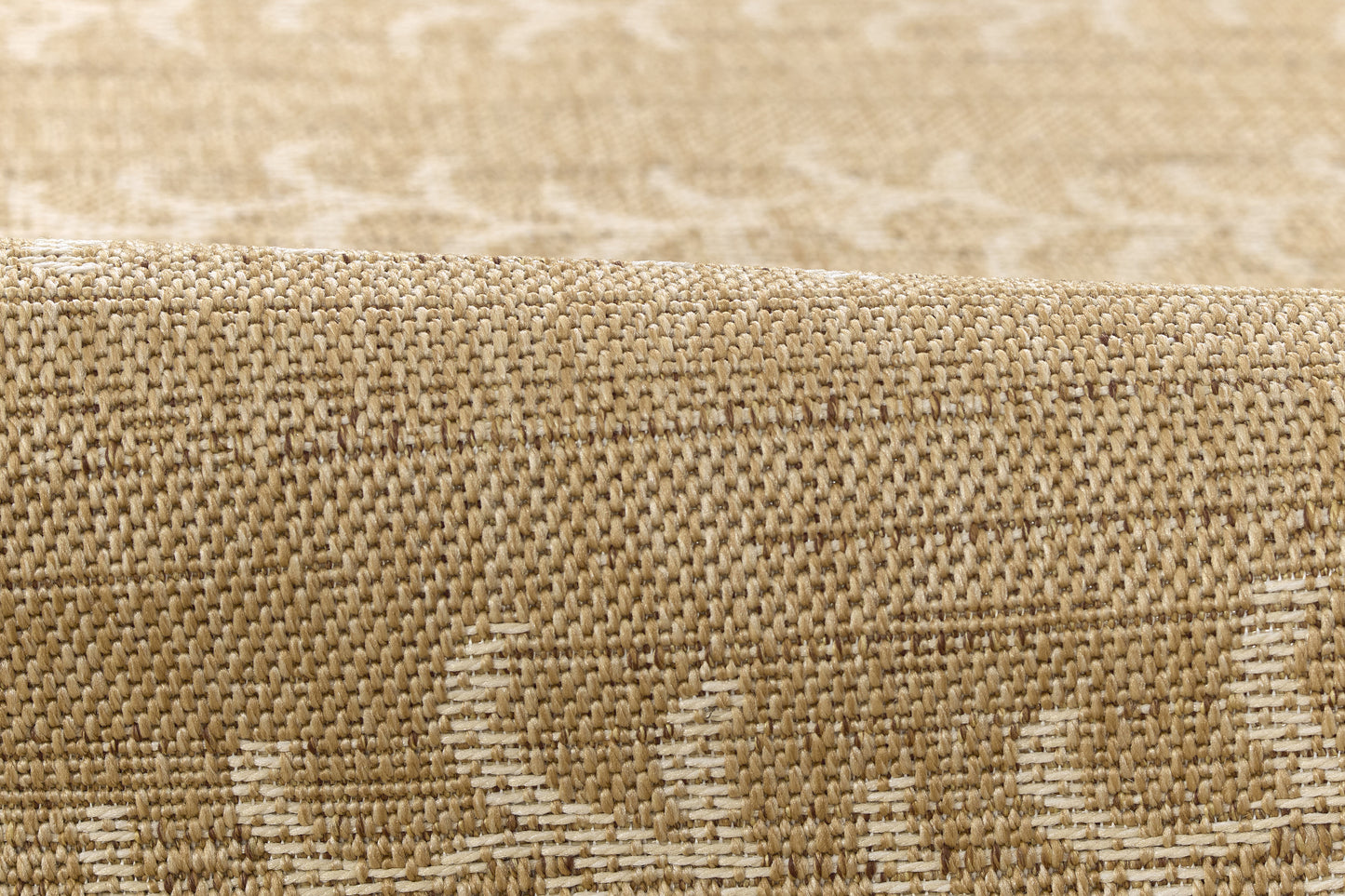 Beige jacquard woven rug with a subtle floral pattern and earthy texture.