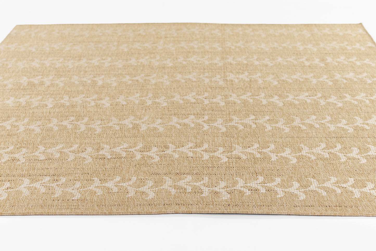 Natural beige jute flat-weave rug with white ivy stripe pattern.