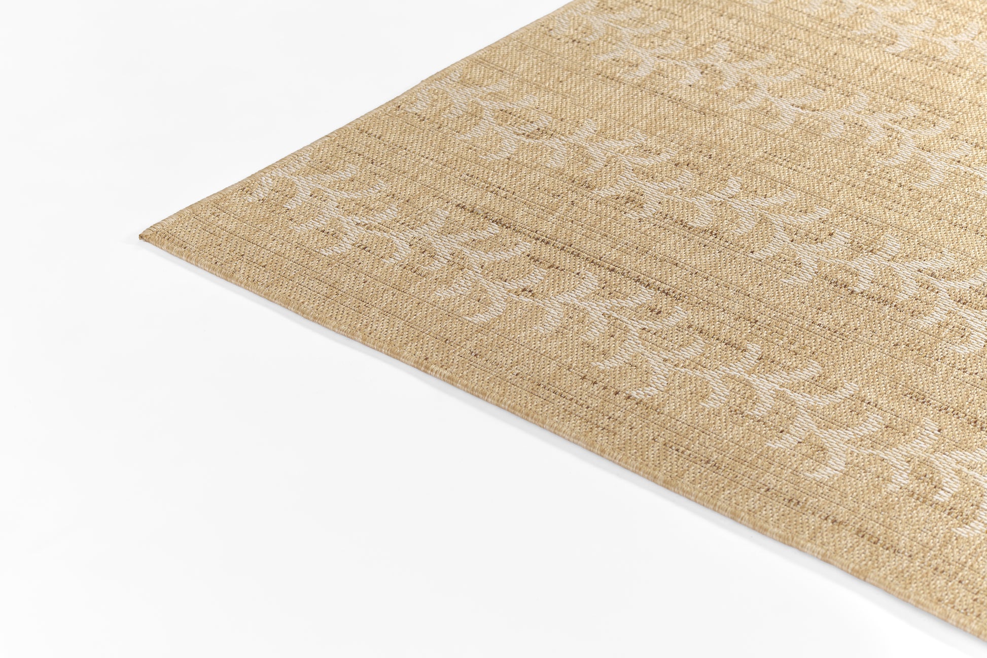 Beige woven rug with subtle geometric pattern and natural fiber texture; rectangular for living spaces.