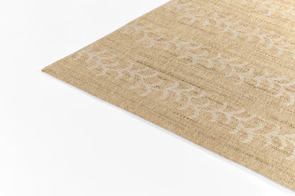 Beige woven runner rug with ivory geometric leaf motifs, natural textured surface for living rooms.