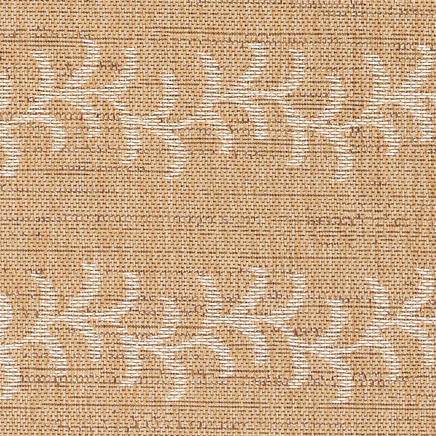 Beige woven textile with white arc-shaped leaf motifs in repeating pattern.