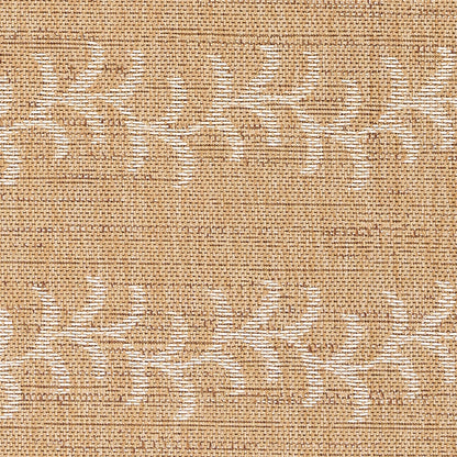 Beige woven fabric with white curved leaf motif & natural textured textile for upholstery or home decor.