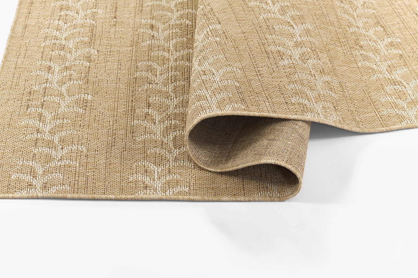 Beige woven jute rug with subtle textured pattern; rolled corner shows natural fiber, rustic, versatile.