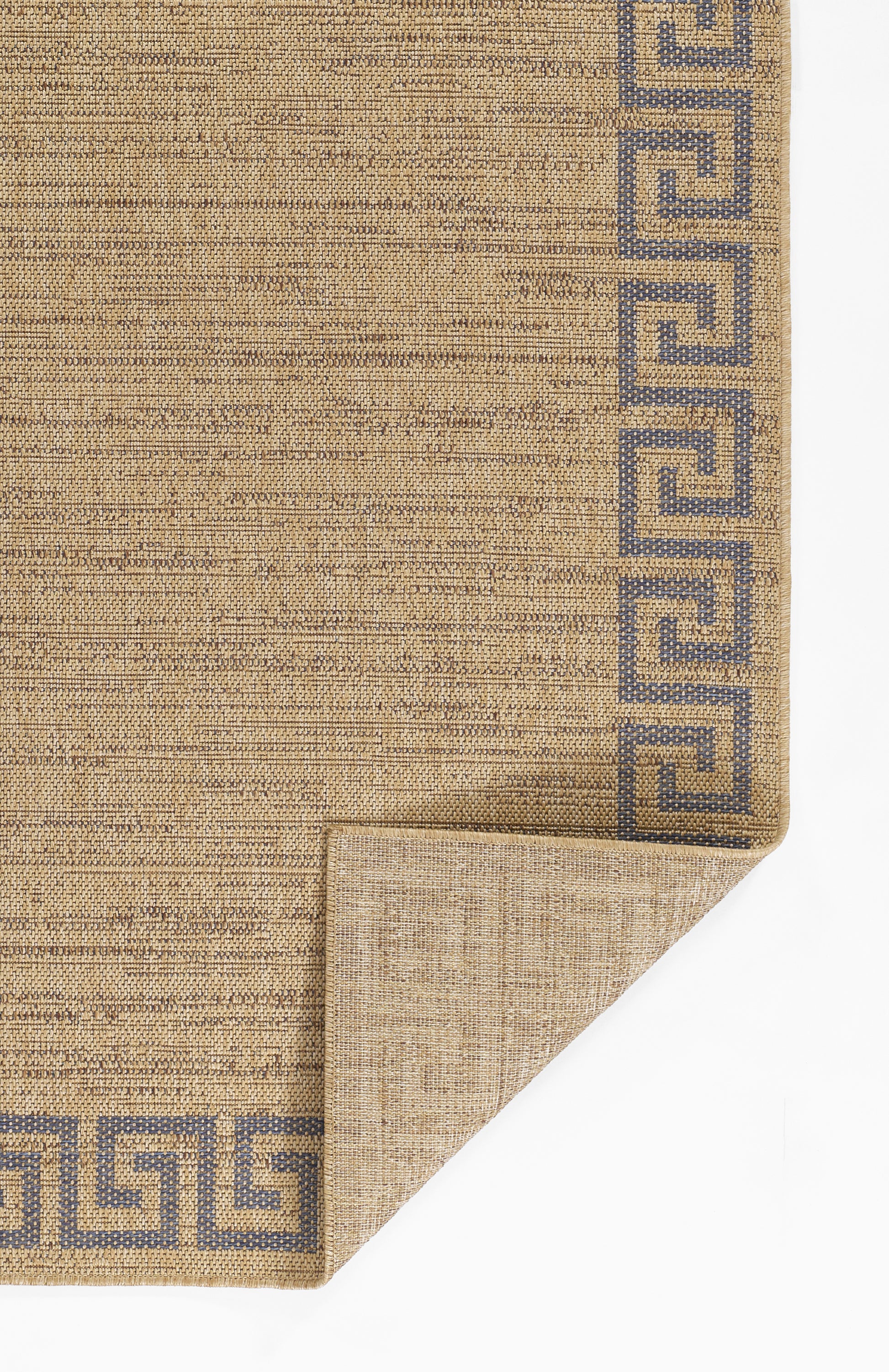 Beige textured woven rug with dark blue Greek key border and a folded corner.