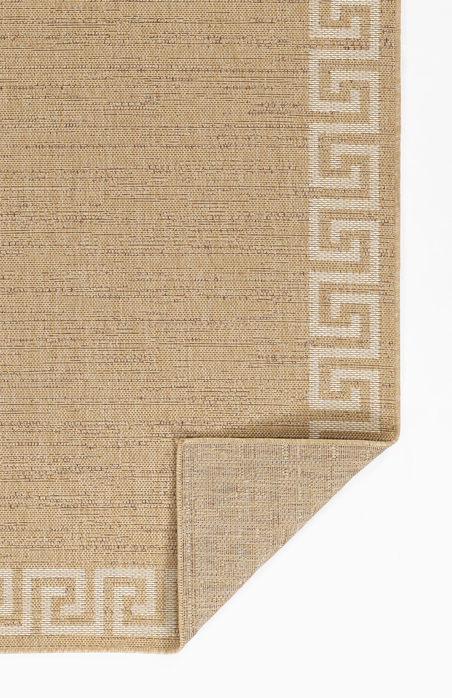 Beige natural-fiber flatweave rug with white Greek-key border; rectangular, woven texture with folded corner.