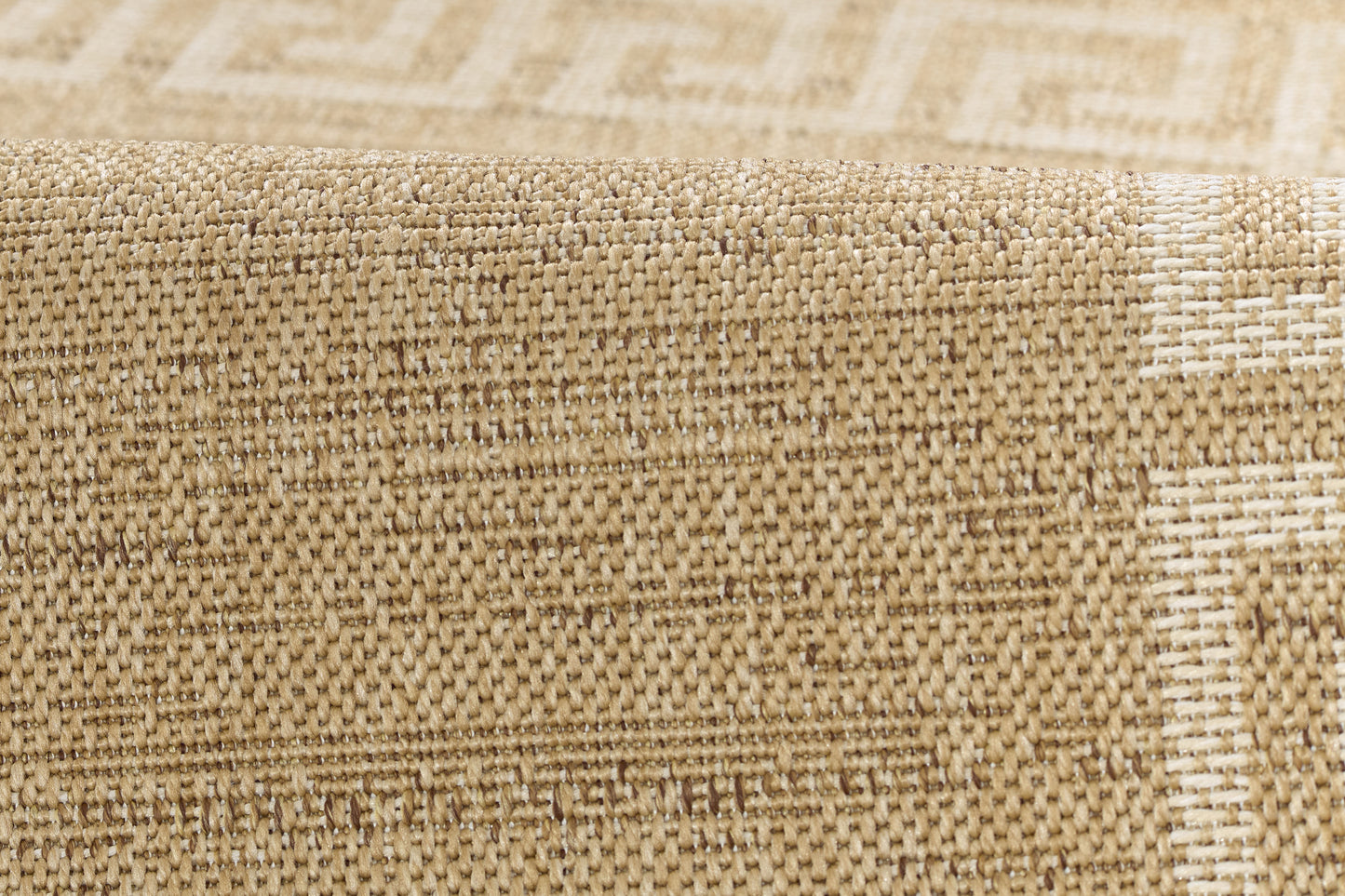Beige natural fiber woven rug with tight texture and ivory geometric border; rustic boho style.