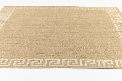 Natural beige woven jute rug, rectangular, with white Greek-key border along edges.