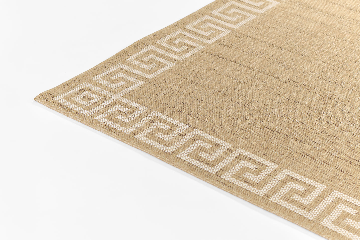 Natural beige jute rug with a white Greek-key border, rectangular and textured for rustic living spaces.