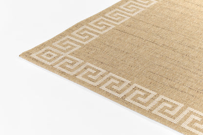 Natural beige jute rug with a white Greek-key border, rectangular and textured for rustic living spaces.