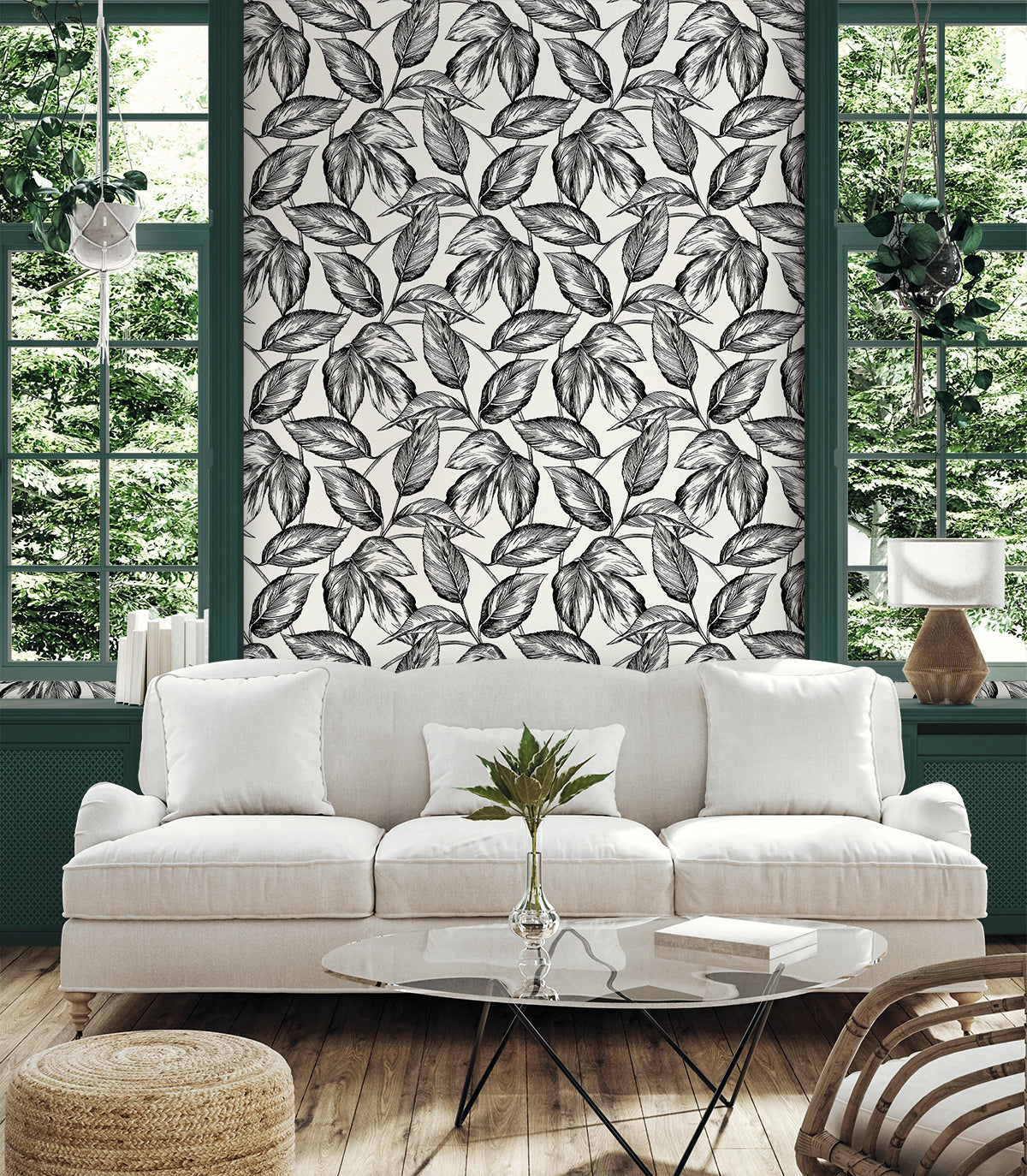 Seabrook Designs Summer House Beckett Sketched Leaves Botanical Coastal Black Matte  - SC20000