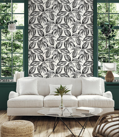Seabrook Designs Summer House Beckett Sketched Leaves Botanical Coastal Black Matte  - SC20000