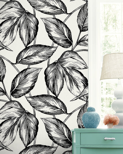 Seabrook Designs Summer House Beckett Sketched Leaves Botanical Coastal Black Matte  - SC20000