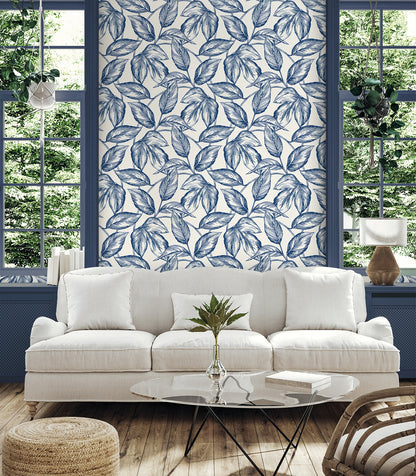 Seabrook Designs Summer House Beckett Sketched Leaves Botanical Coastal Blue Matte  - SC20002
