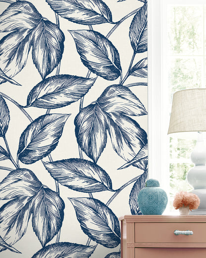 Seabrook Designs Summer House Beckett Sketched Leaves Botanical Coastal Blue Matte  - SC20002