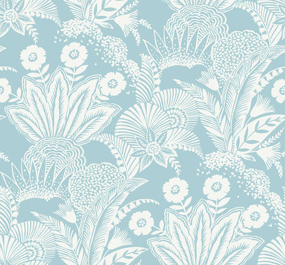 Light blue textile pattern with white tropical florals and leaves; botanical wallpaper fabric design.