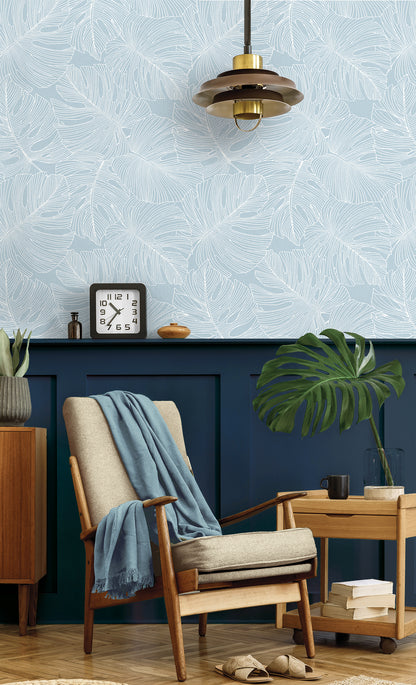 Seabrook Designs Summer House Tarra Monstera Leaf Botanical Tropical Blue Matte  - SC20202