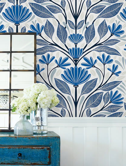 Seabrook Designs Summer House Carmela Folk Floral Floral Contemporary Blue Matte  - SC20602