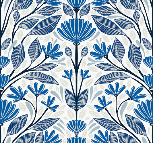 Seabrook Designs Summer House Carmela Folk Floral Floral Contemporary Blue Matte Sidewall - SC20602