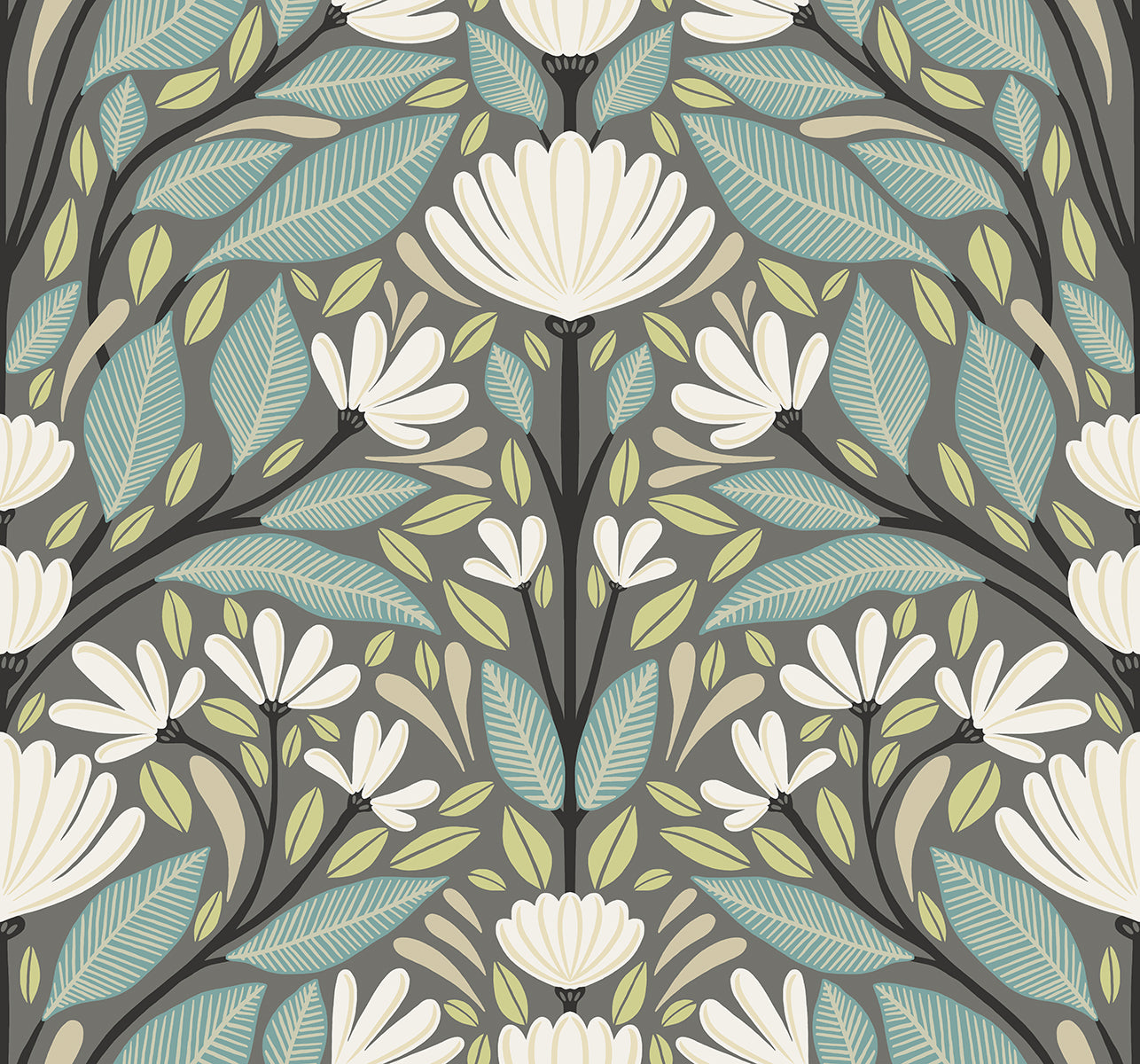 Seabrook Designs Summer House Carmela Folk Floral Floral Contemporary Grey Matte Sidewall - SC20608