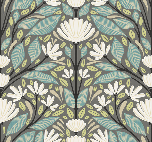 Seabrook Designs Summer House Carmela Folk Floral Floral Contemporary Grey Matte Sidewall - SC20608