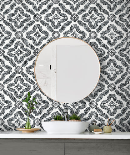 Seabrook Designs Summer House Talia Botanical Medallion Geometric Contemporary Black Matte  - SC21300